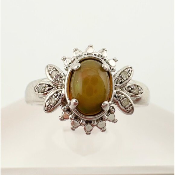 Natural Cabochon Australian Opal Ring  with Small Diamond Size 7 - Picture 3 of 16